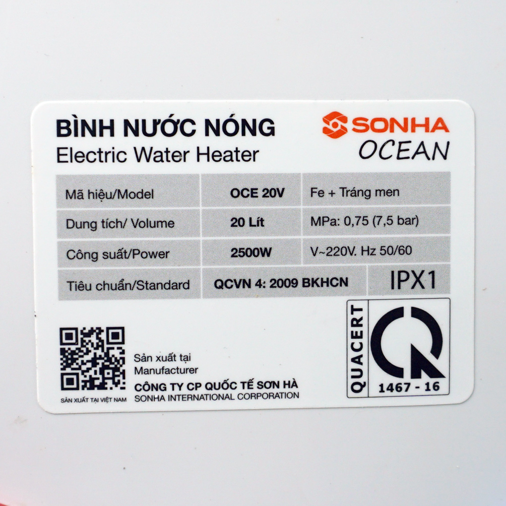 Bình nóng lạnh gián tiếp Ocean Sơn Hà 20 lít C20V