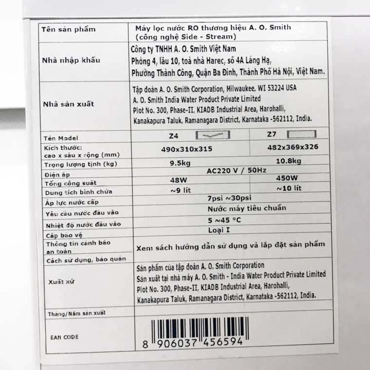 Máy lọc nước đặt bàn RO AO smith Z4