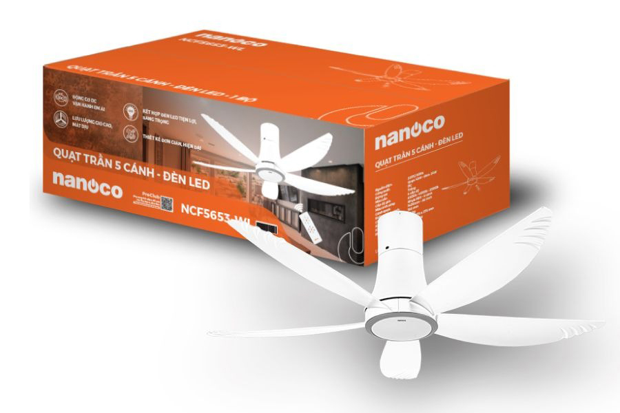 Quạt trần Nanoco 5 cánh NCF5653-WL, có đèn, có khiển